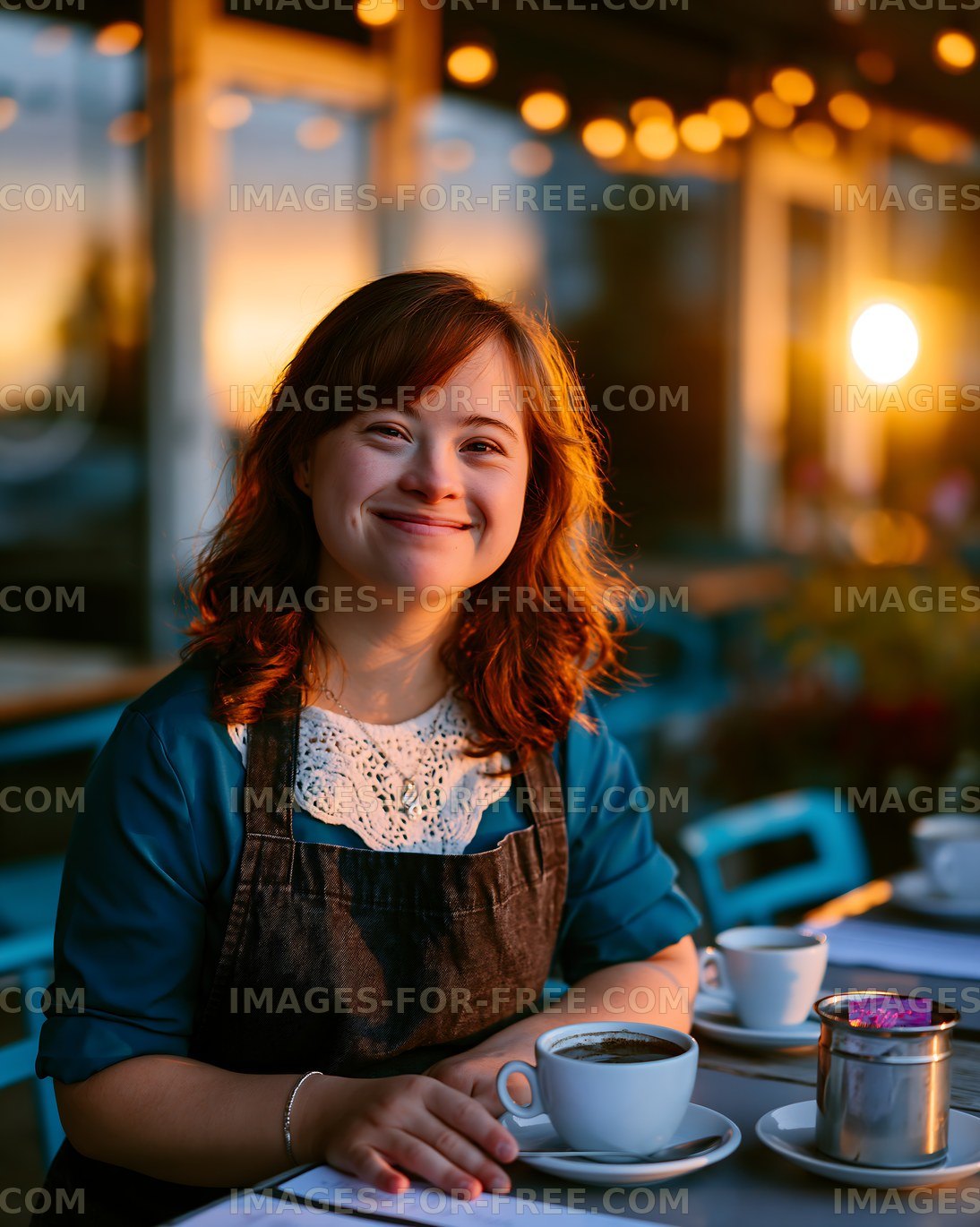 Young woman sitting at a table with coffee during sunset