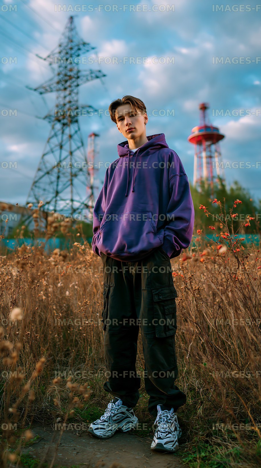 Young man standing in a field with power lines in the background