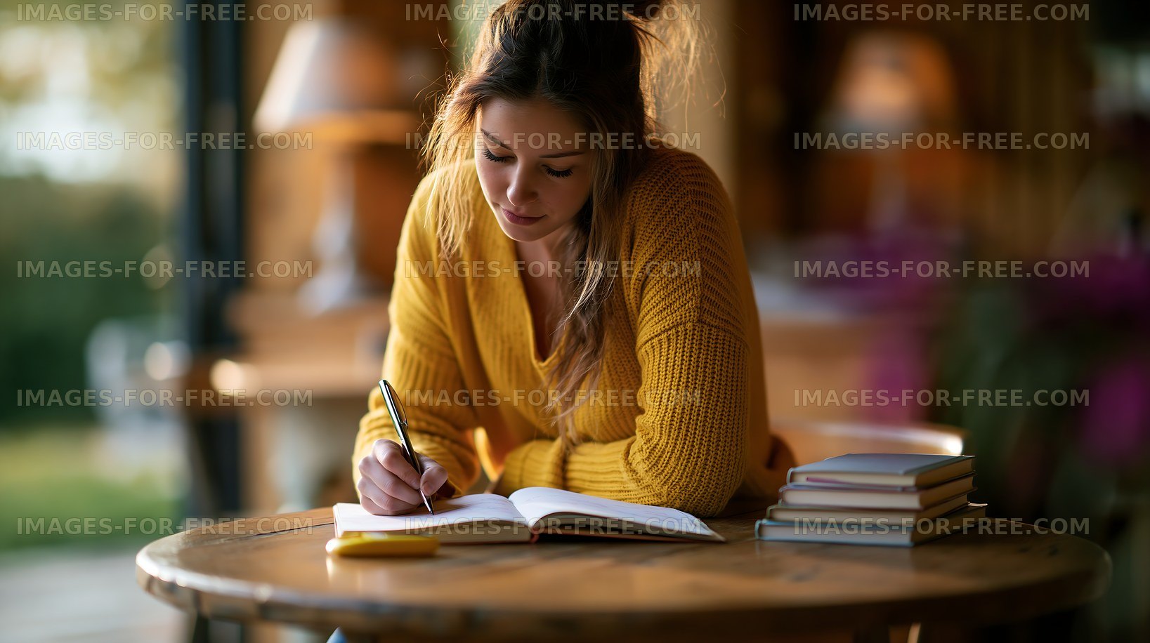 Woman writing in a notebook at a wooden table in a cozy setting