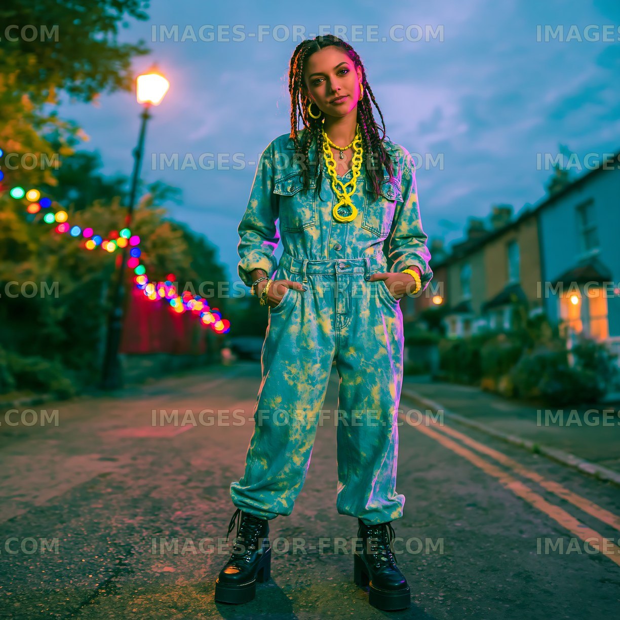 Person wearing blue outfit stands on street at dusk