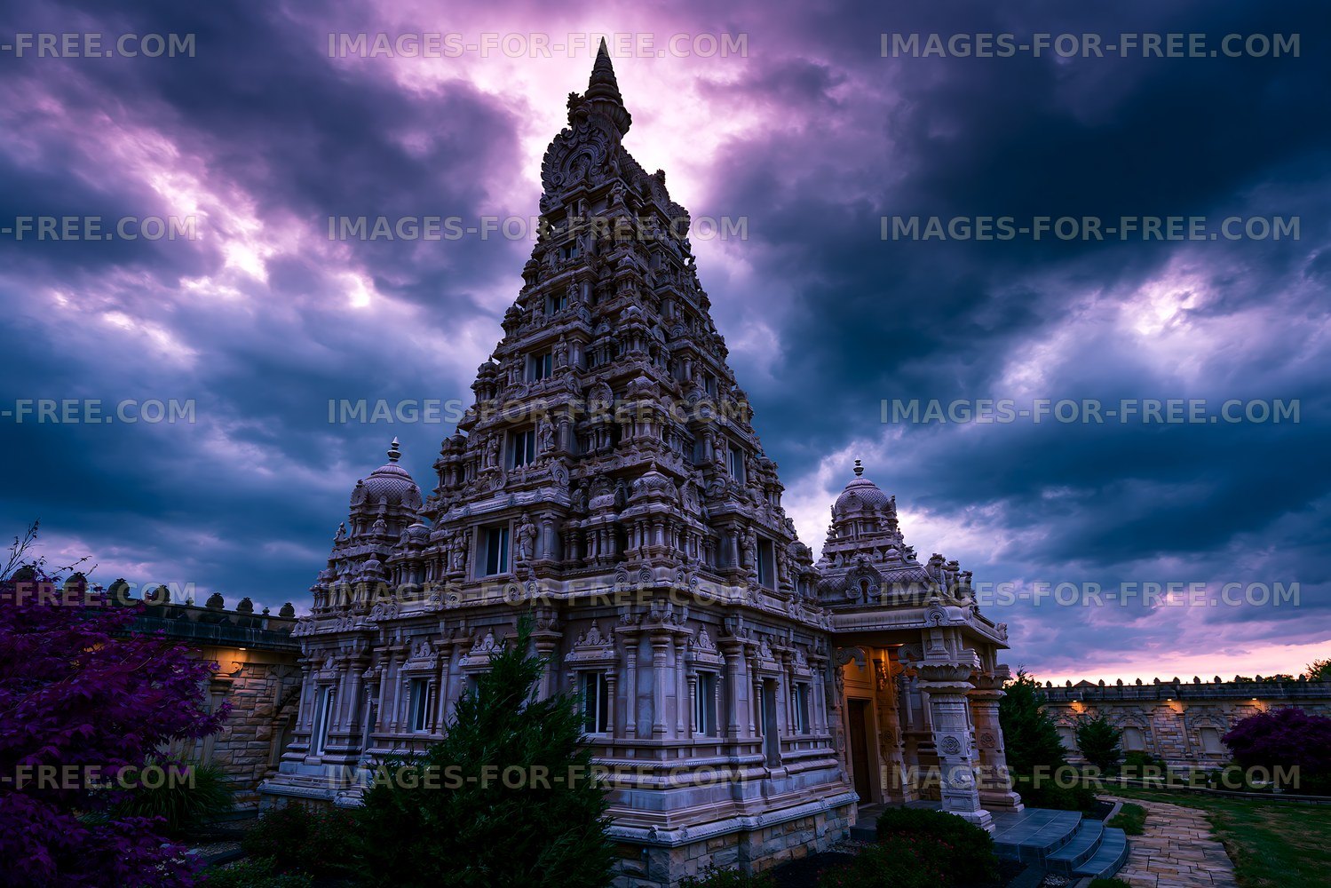 Beautiful temple structure against a dramatic sky at dusk