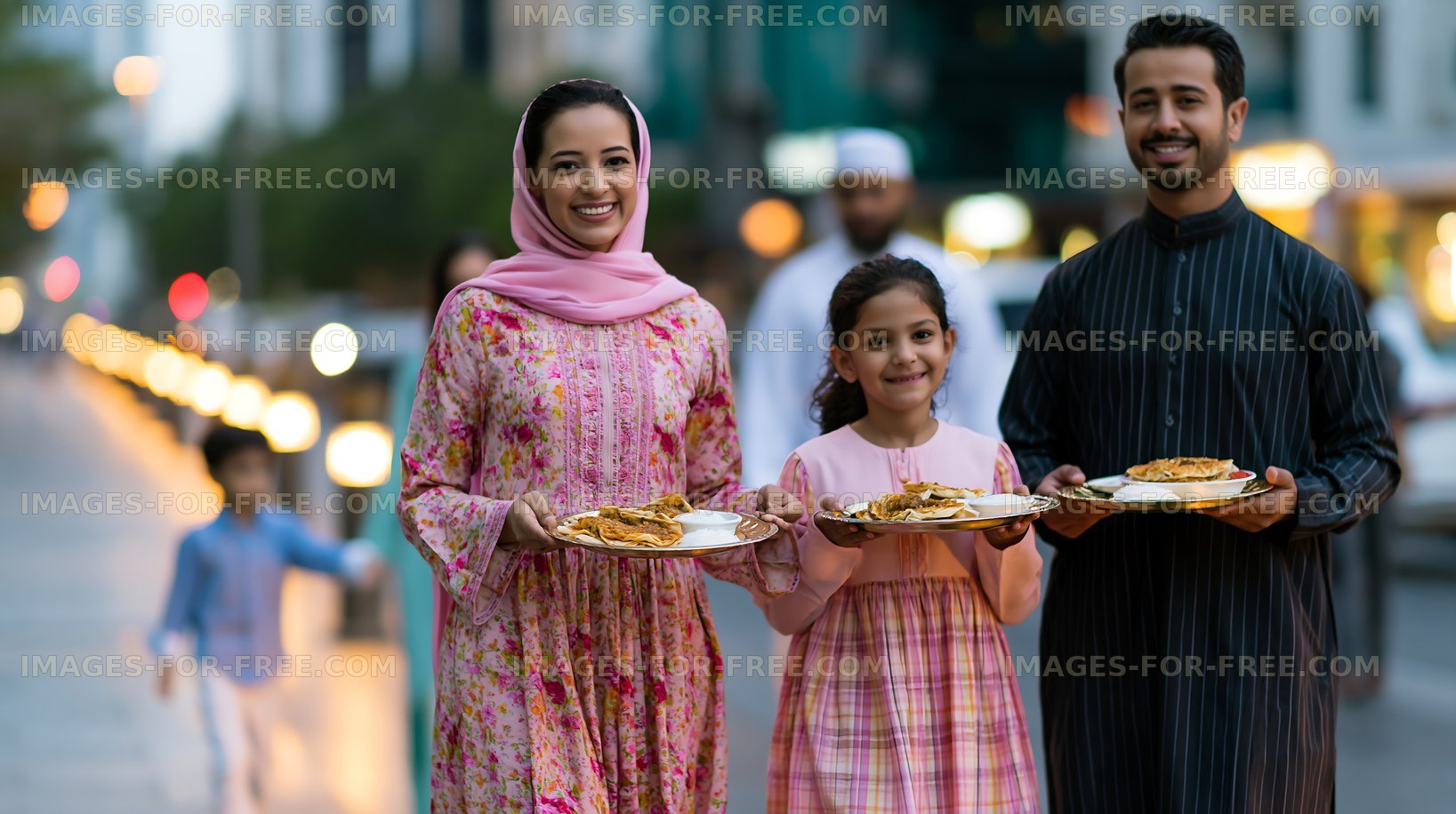 Families enjoy a meal while walking on a city street at dusk