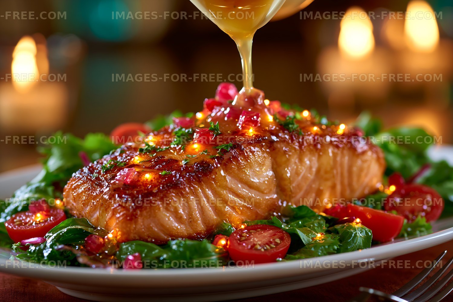 Salmon dish with tomatoes and greens served on a plate