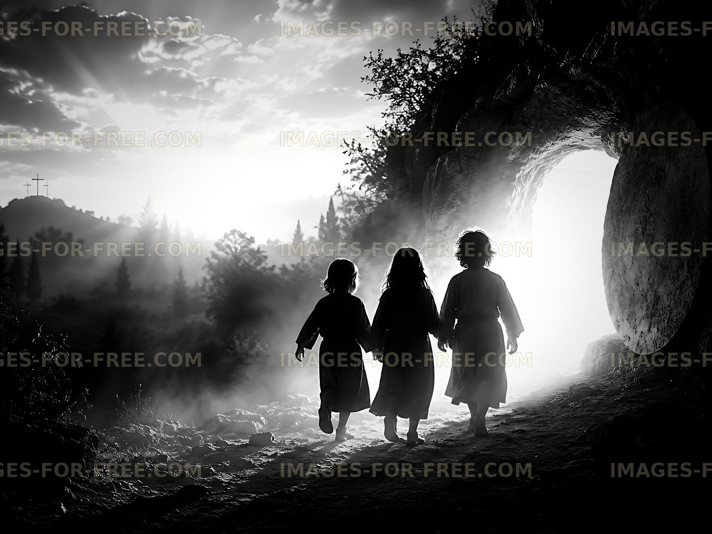 Children walking towards a cave opening at sunset