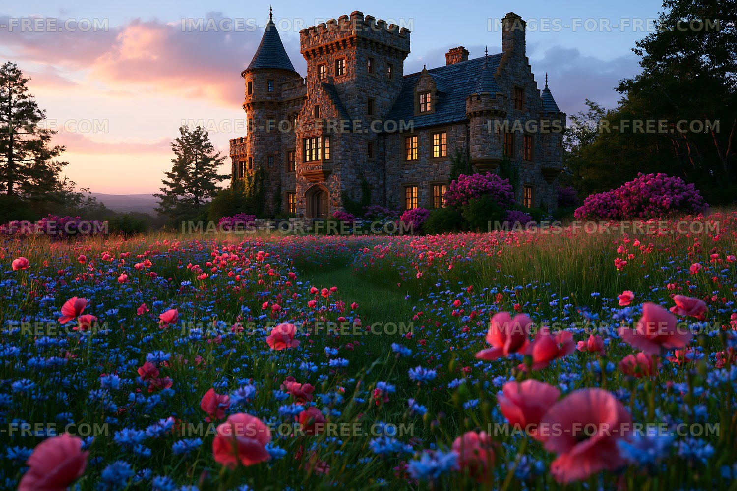 Historic castle surrounded by colorful flowers during sunset