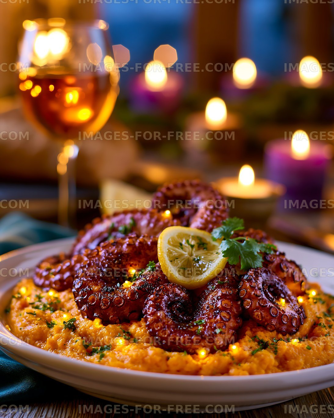 Cooked octopus served on a plate with lemon and wine beside it