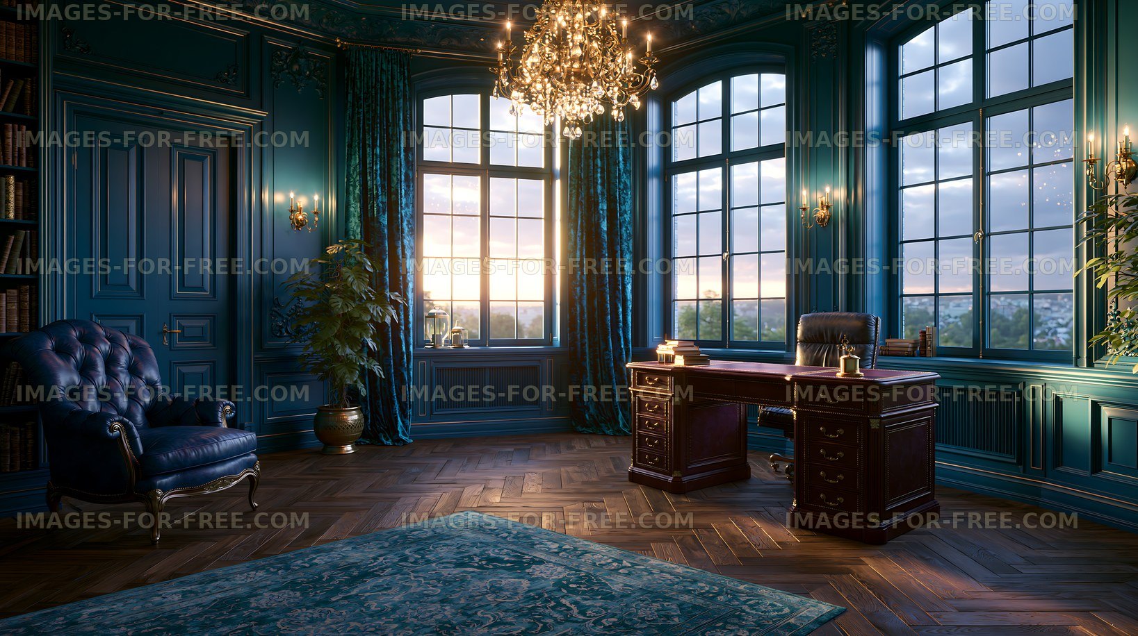 Elegant office space with large windows and sunset view