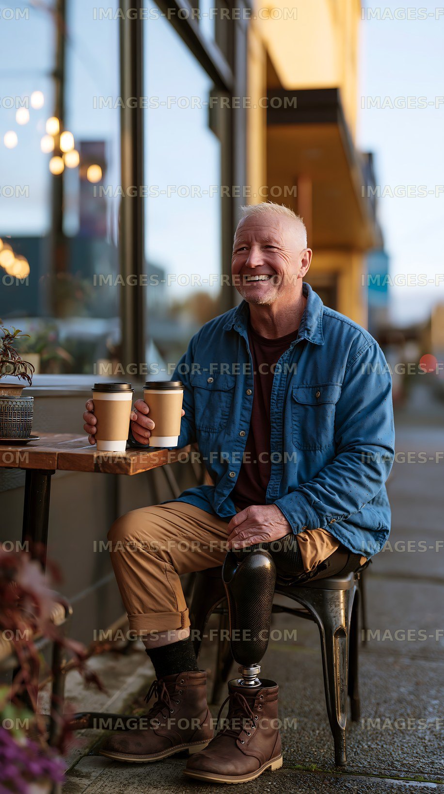 Man sitting outside with coffee smiling in the daytime