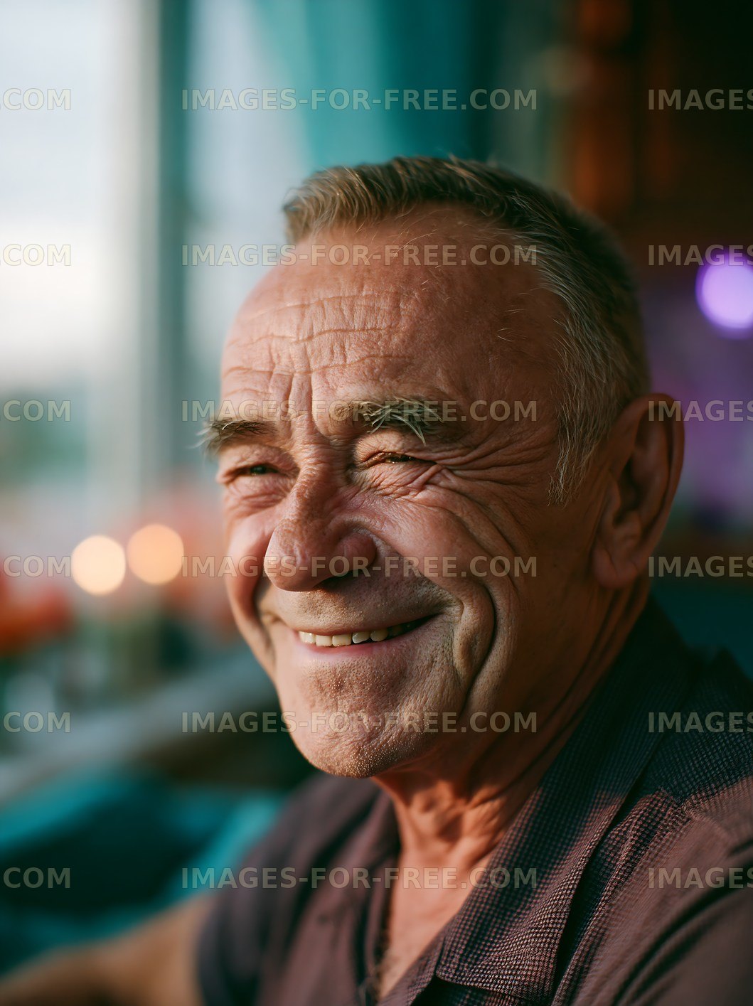 Smiling man with gray hair sitting indoors by candles