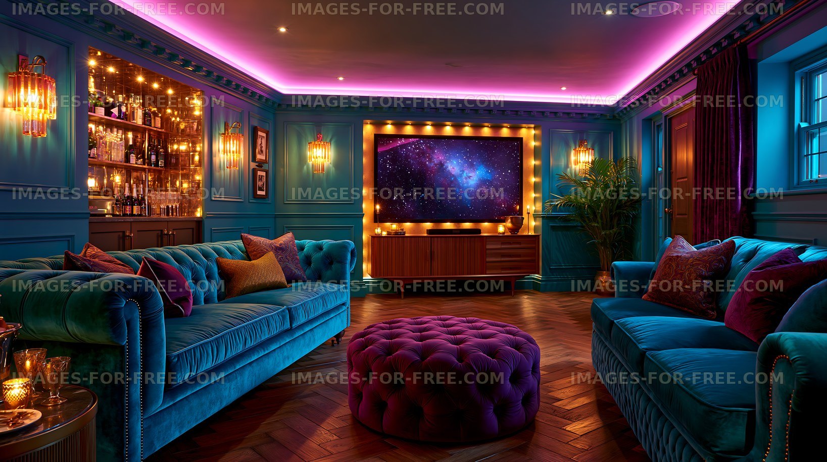 Modern living room with vibrant colors and stylish decor