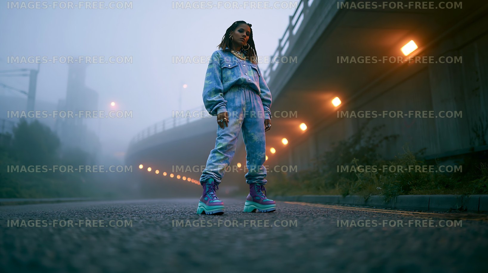 Person standing on a road under a bridge during foggy weather