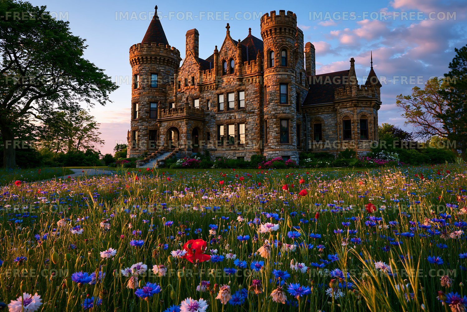 Historic stone castle surrounded by colorful wildflowers