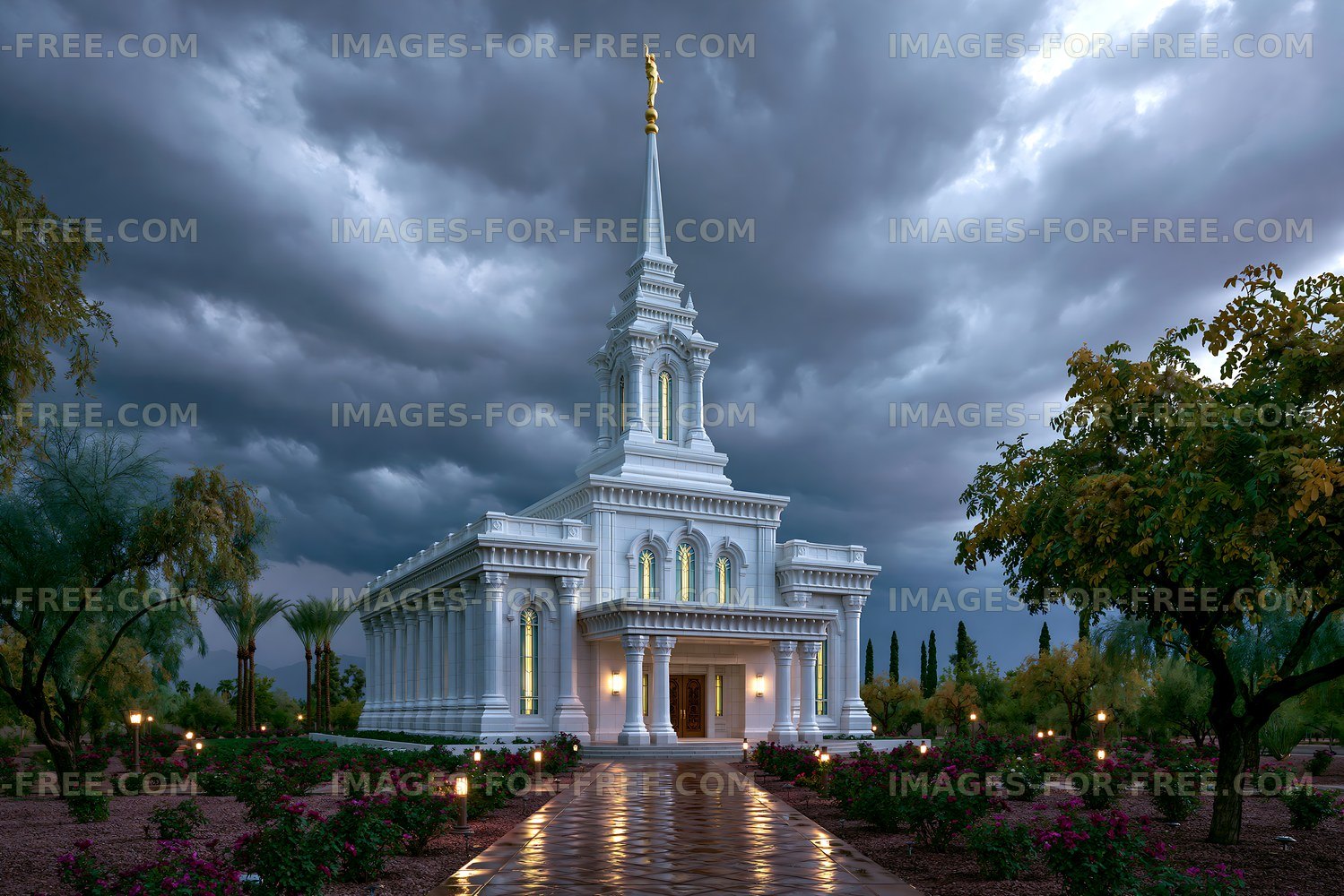 Building stands under cloudy sky with lights in garden