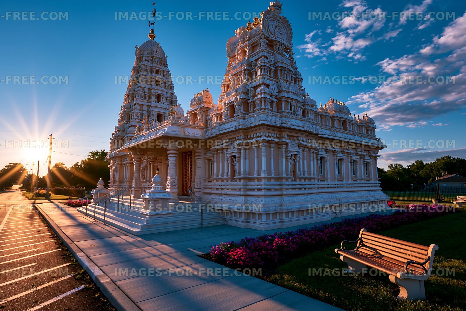 Beautiful temple with intricate architecture at sunset