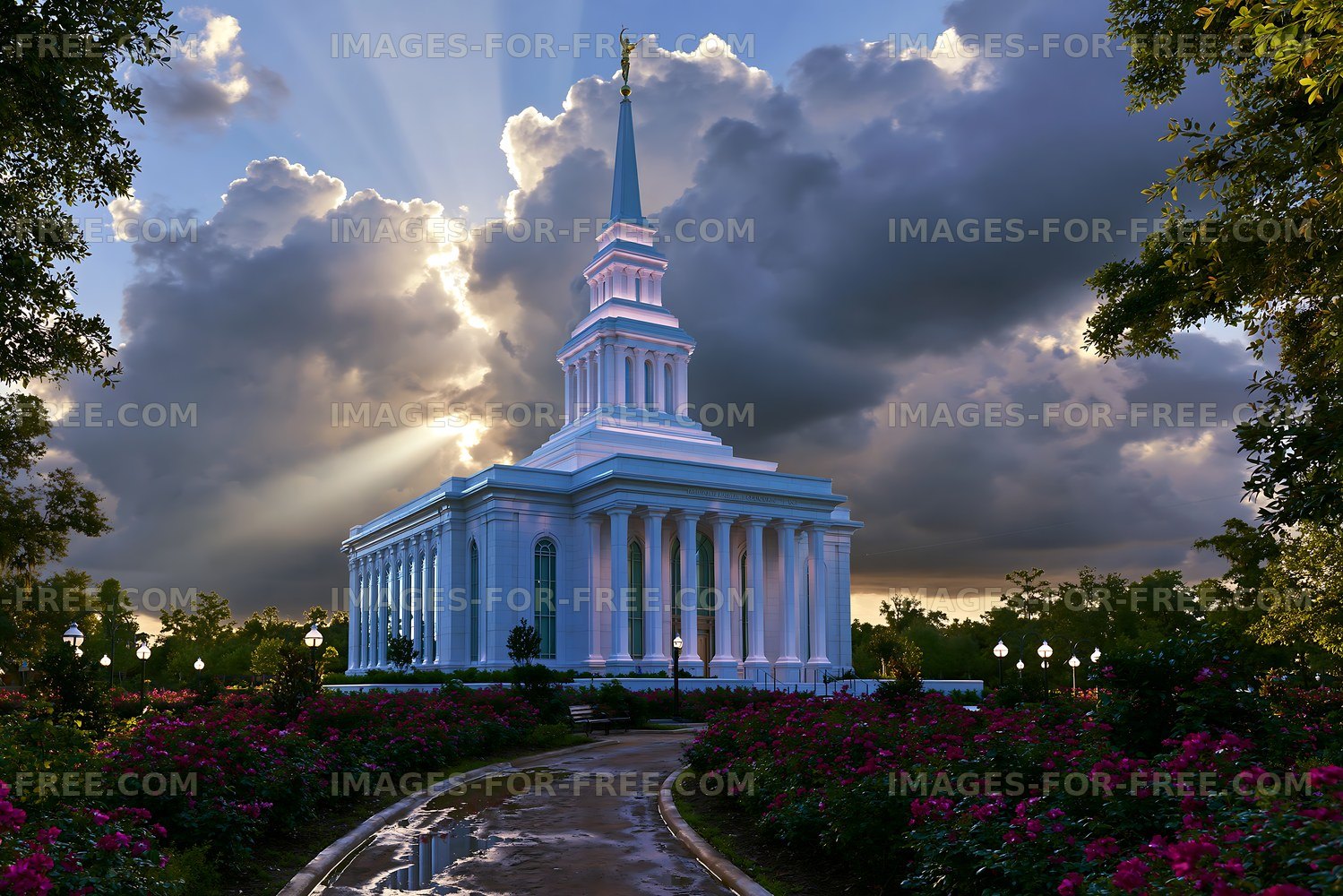 Bright sunlight shines on a temple in a city park with flowers