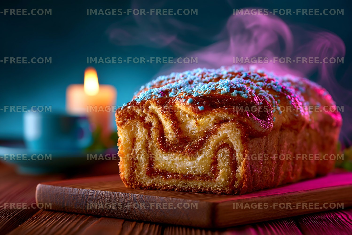 Baked loaf with colorful topping on wooden board in soft light