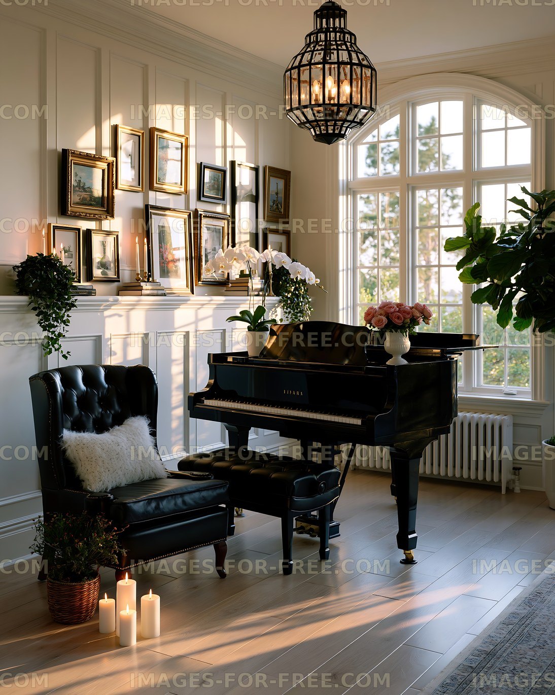 Elegant room with a piano and a cozy chair by the window