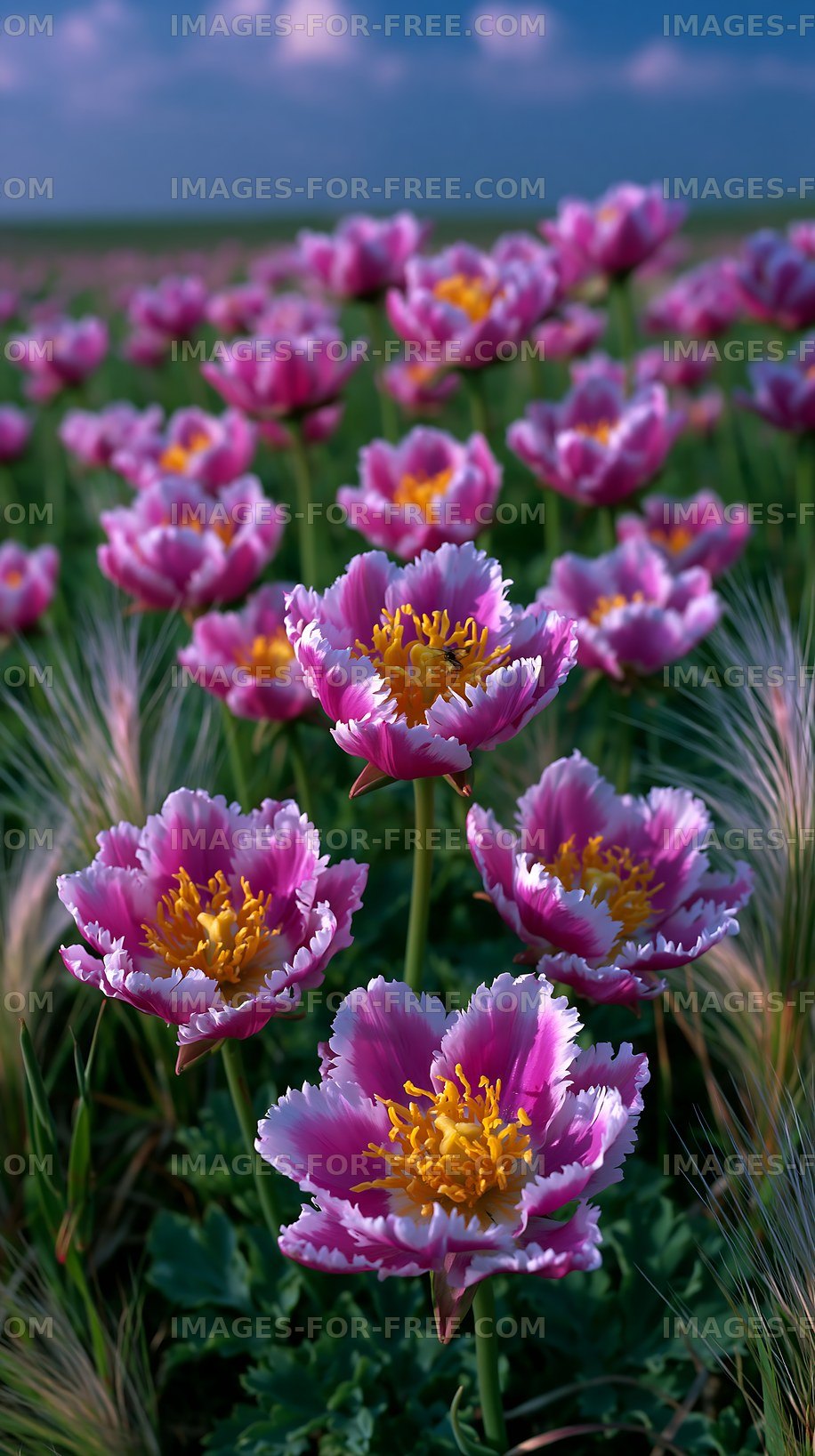 Colorful tulips blooming in a field during a sunny day