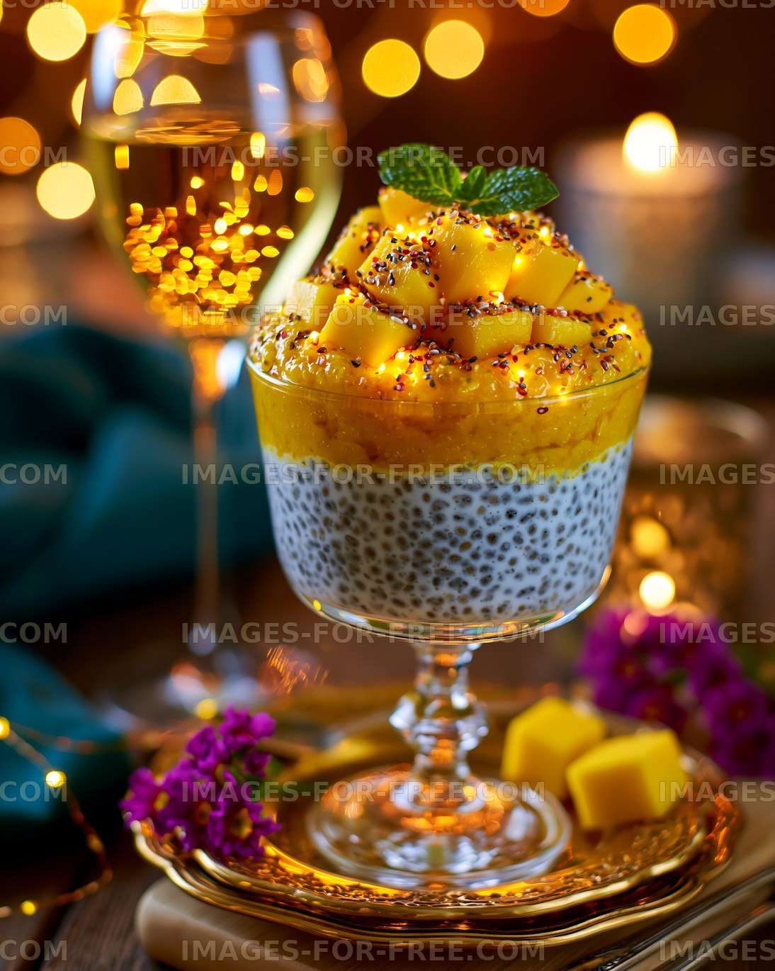Mango chia pudding served in a glass with decorations and drink