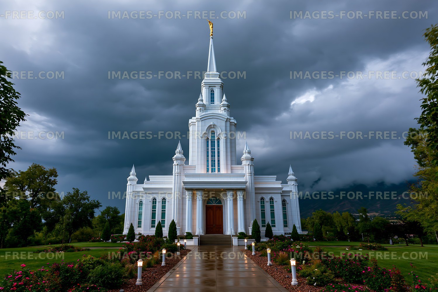 Majestic white church under dark stormy sky