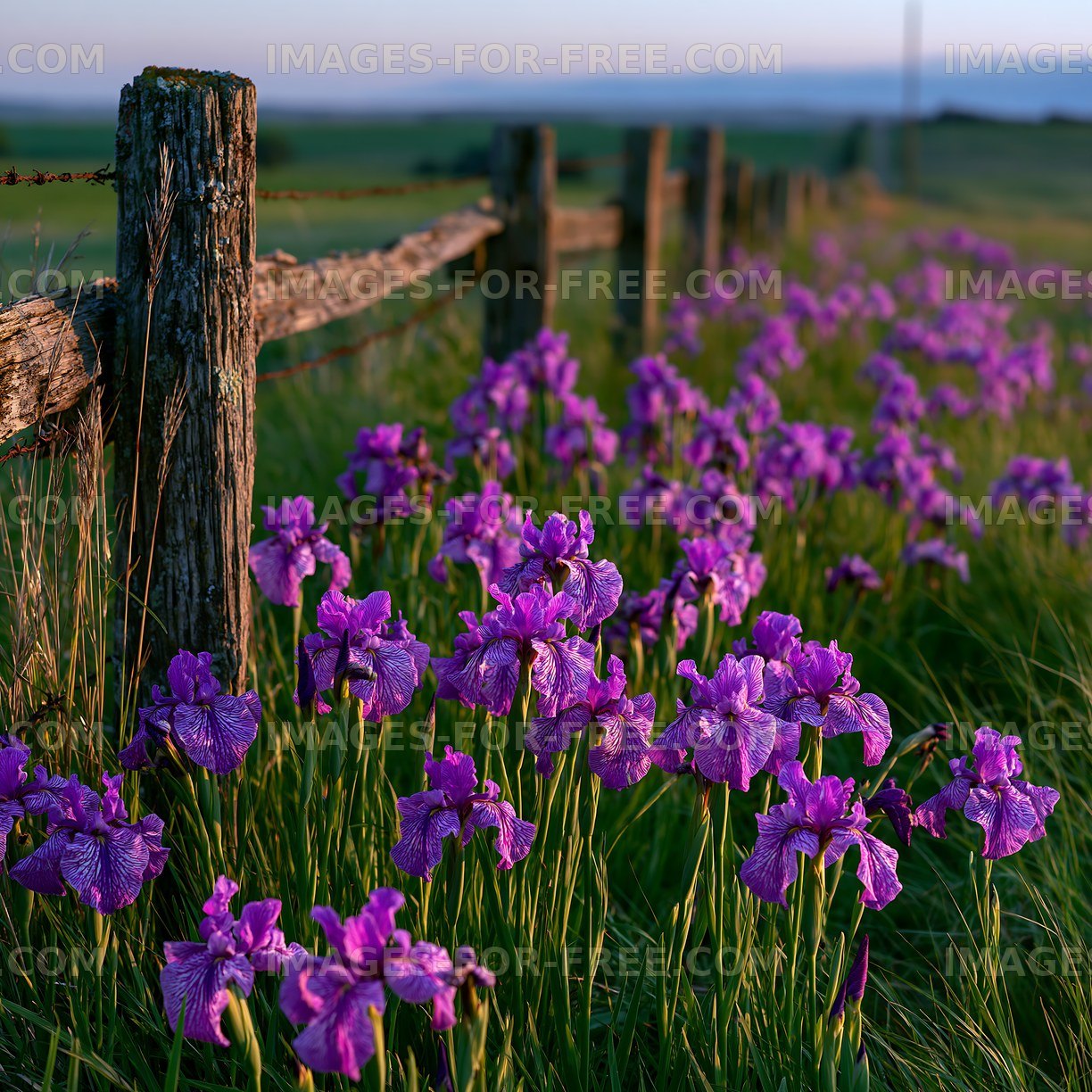 Purple flowers bloom beside a wooden fence in a field