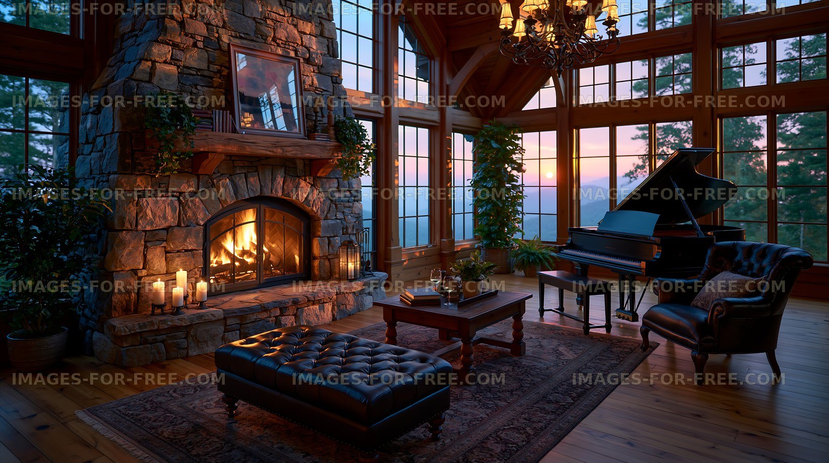 Cozy living room with fireplace and grand piano at sunset