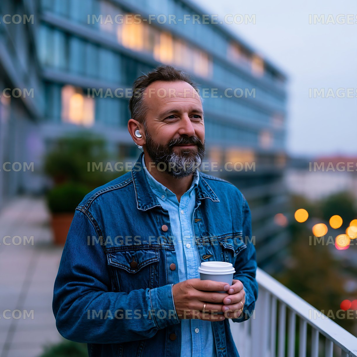 Man holding coffee cup while standing on balcony in evening