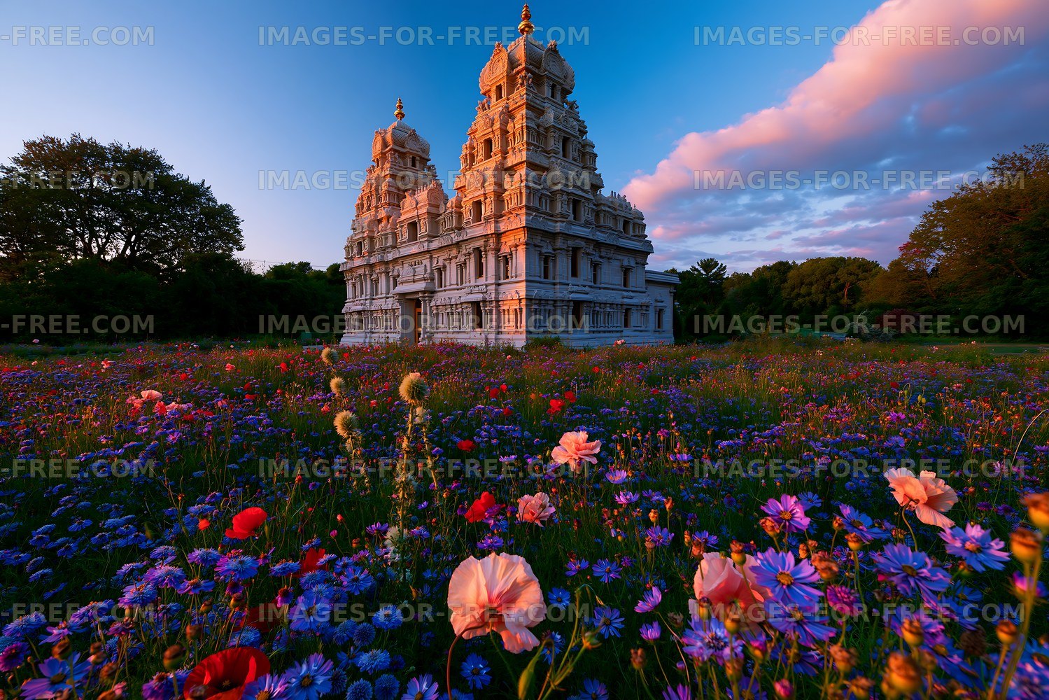 Flower field with a temple structure at sunset