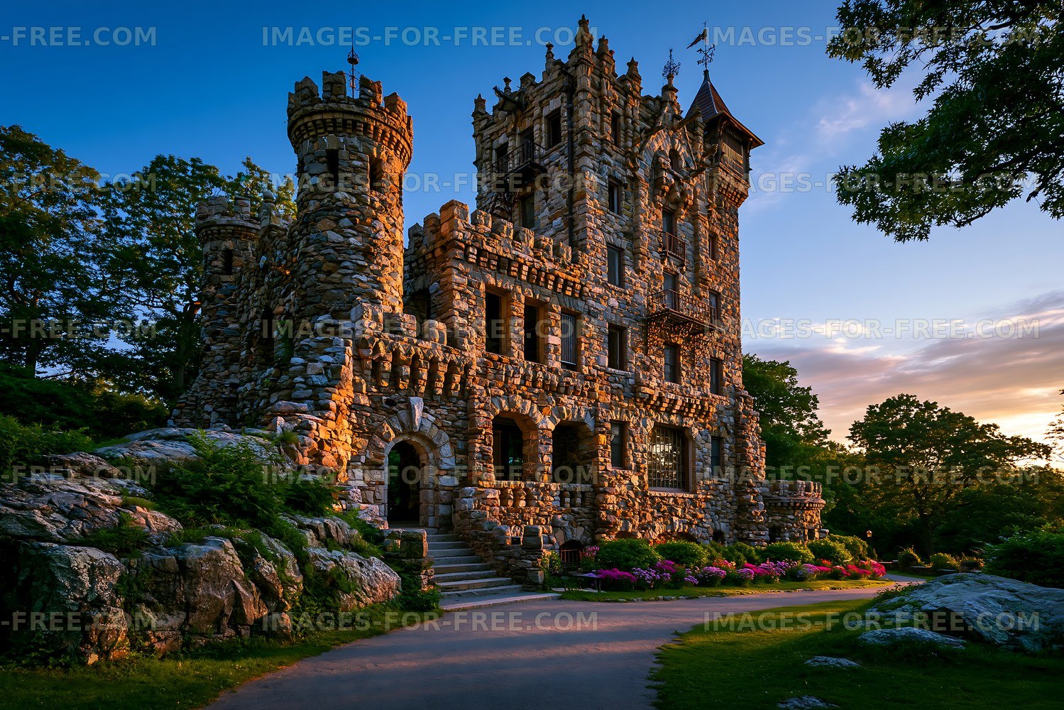 Historic stone castle surrounded by trees and flowers