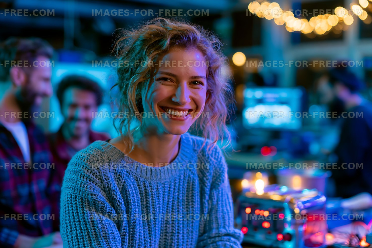 Smiling woman in a cozy indoor space with friends