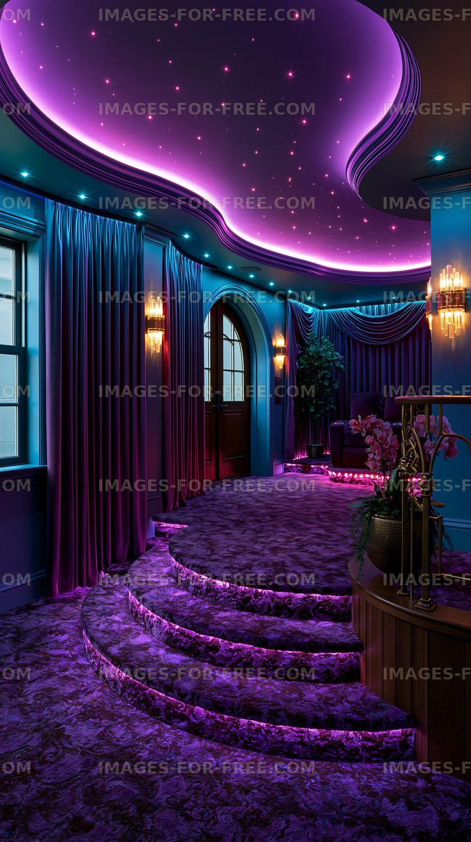 Modern interior design with purple lighting and elegant curtains