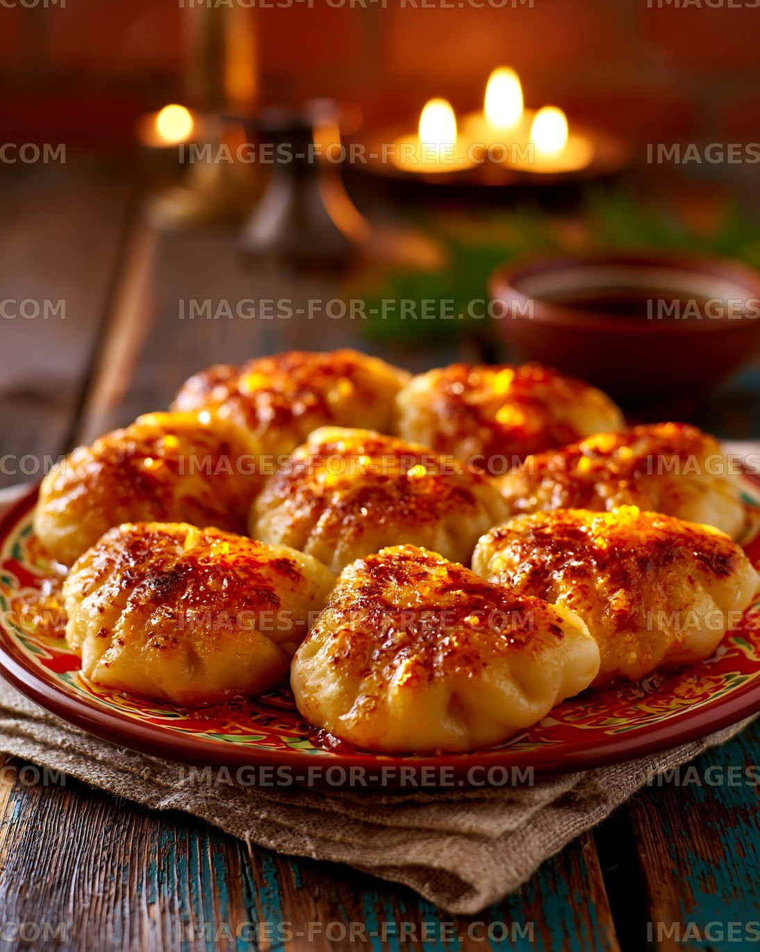 Golden dumplings served on a decorative plate in warm lighting