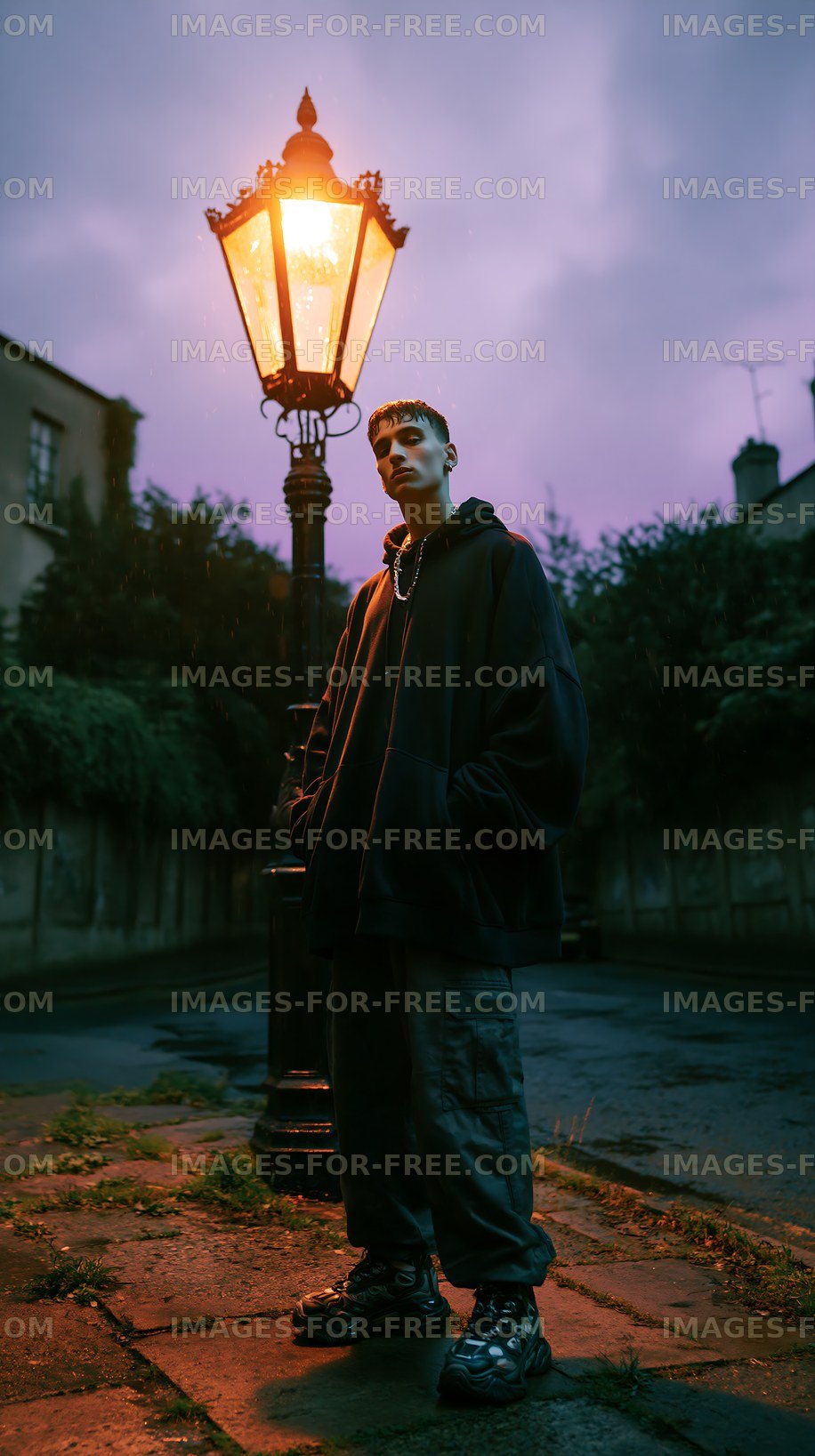 Individual standing under a street lamp at dusk in a city