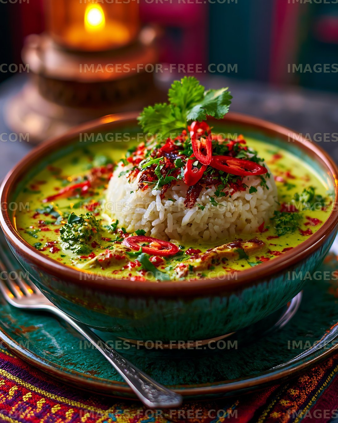 Delicious rice dish with green curry and herbs