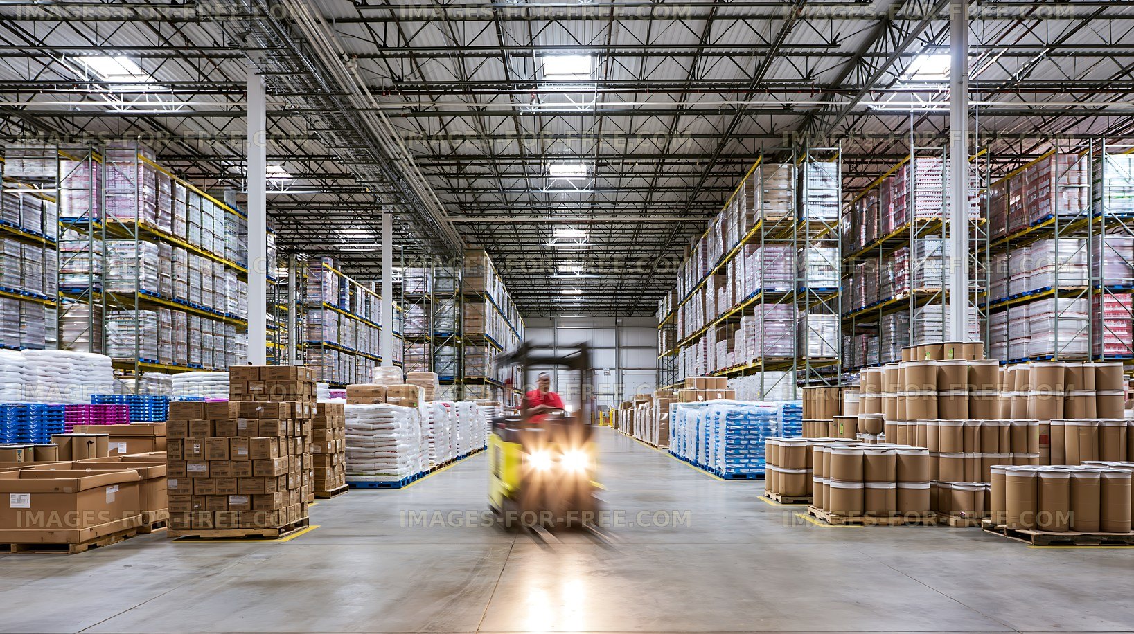Warehouse with stacks of goods and a forklift in operation