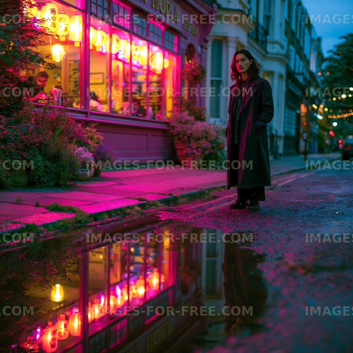 Woman standing on street near colorful cafe at night