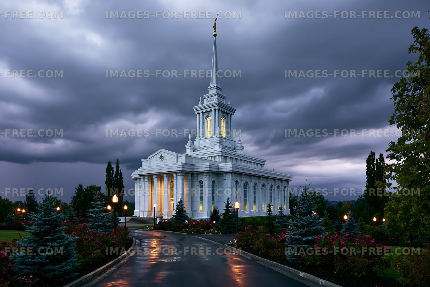 Church building with a tall spire seen under a cloudy sky