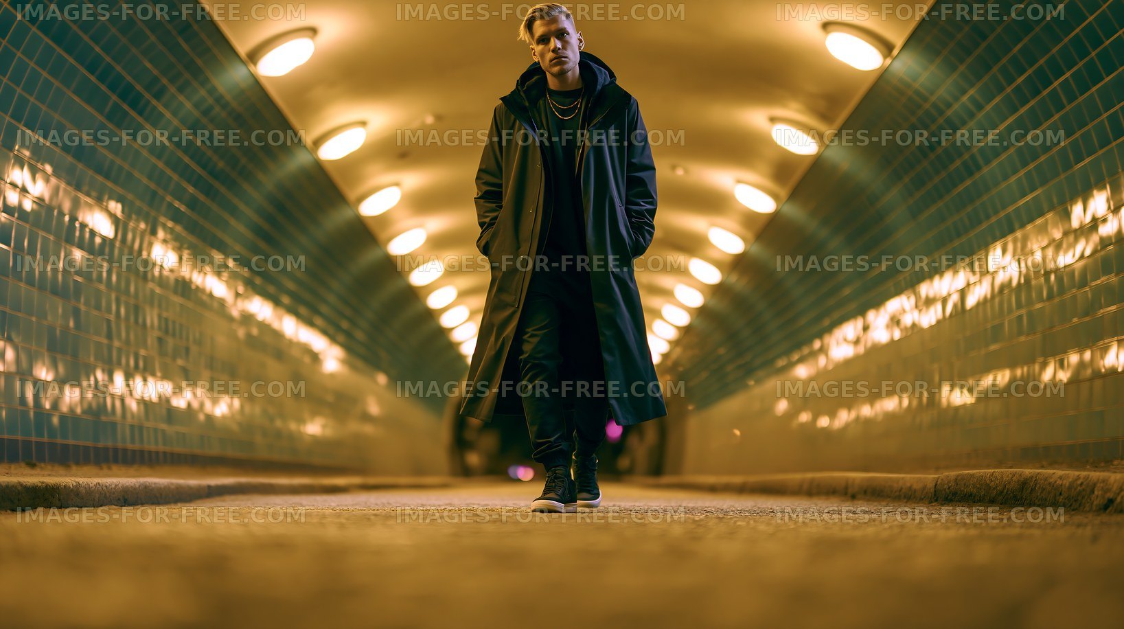 Man walking in a tunnel with blue tiles and warm lights