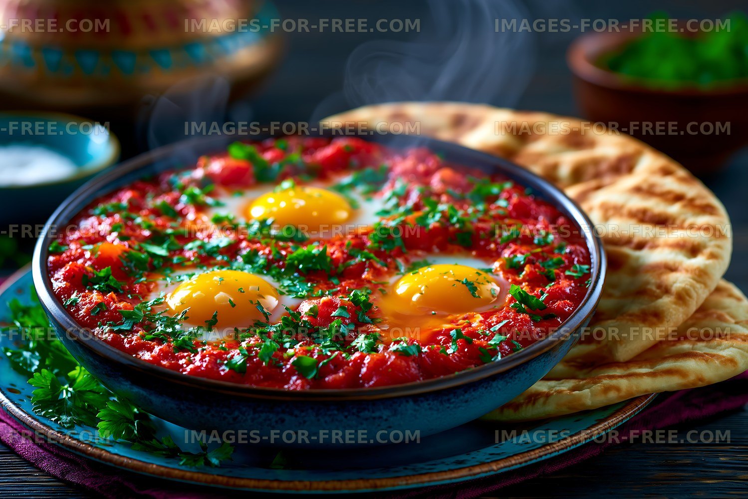 Delicious eggs in spicy tomato sauce with bread and herbs