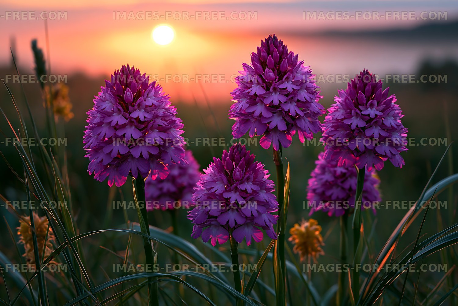 Purple flowers bloom at sunset in a grassy field