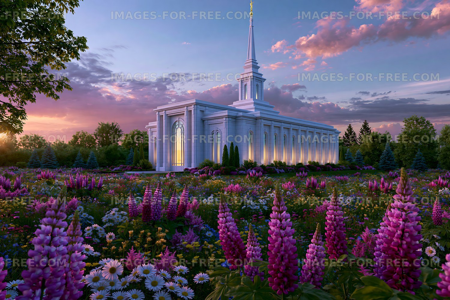 Garden with flowers near a white church building at sunset