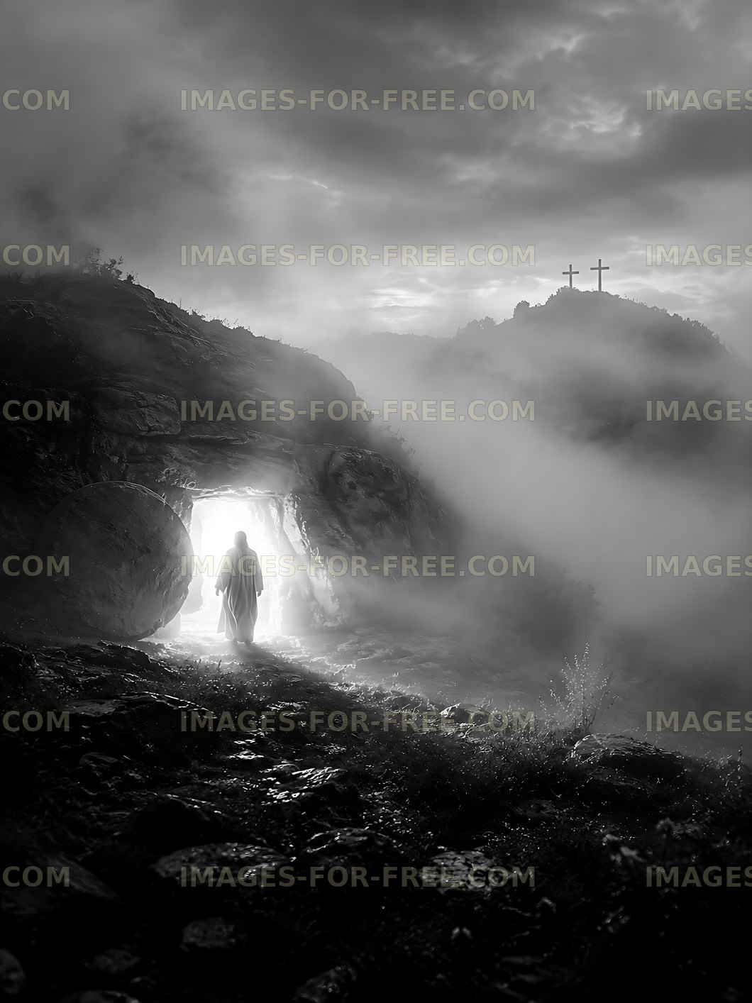 Person walking out of cave into light with crosses in background