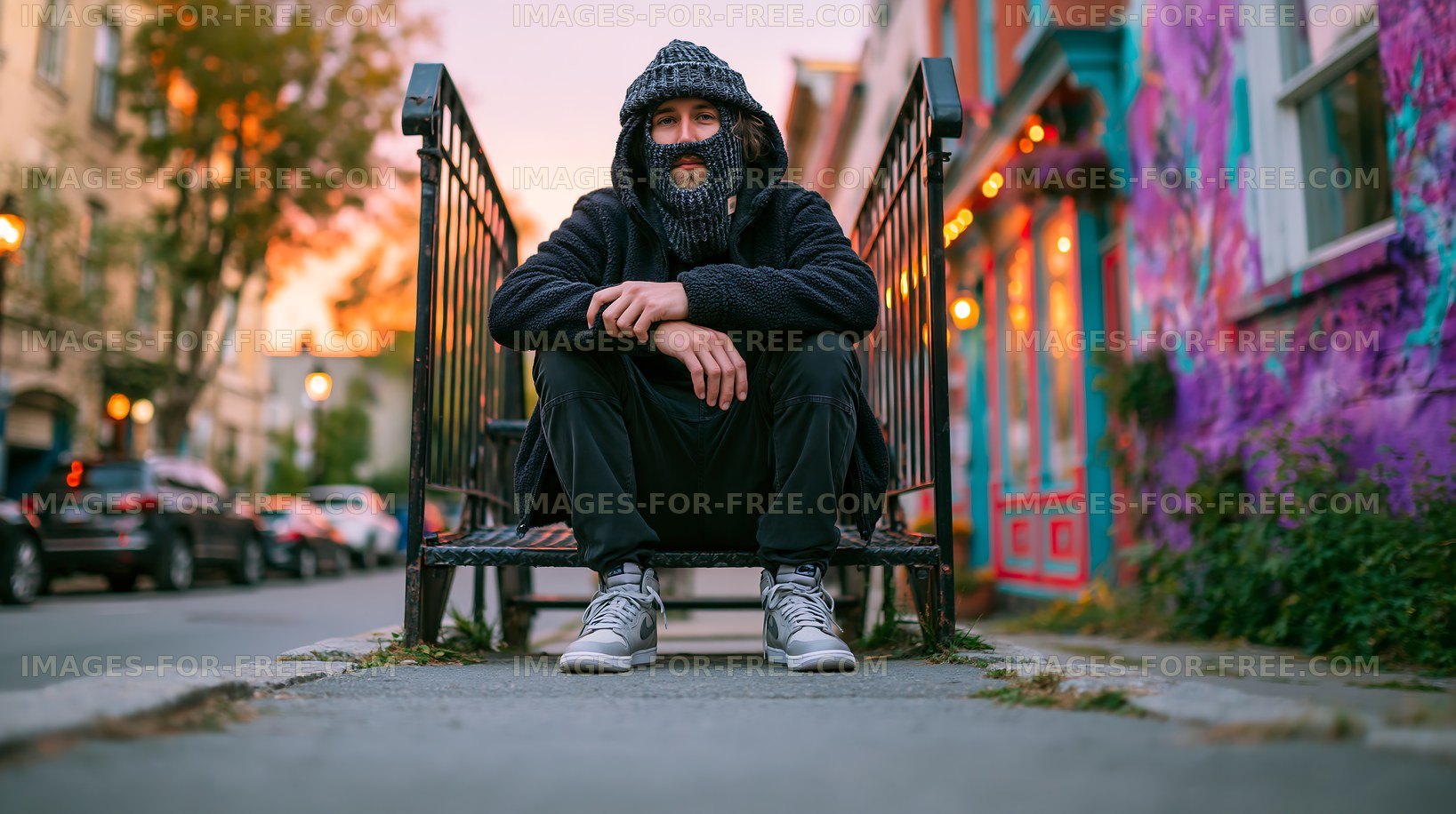 Man on a metal railing in a colorful urban area