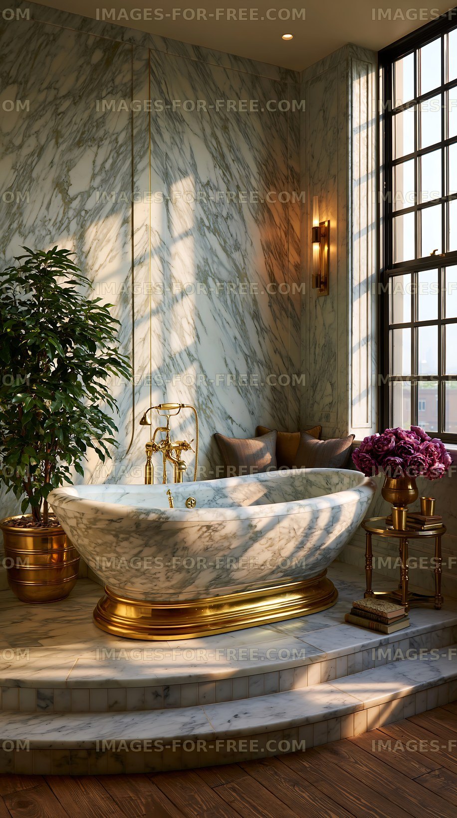 Luxury bathroom with marble tub and large window