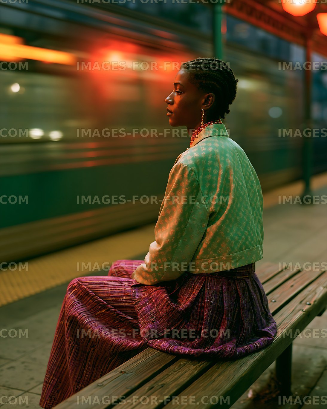 Woman sitting on bench at train station during evening