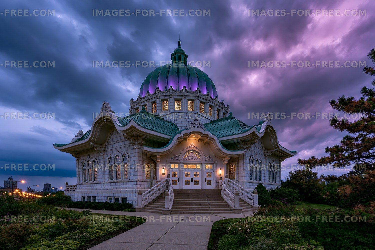 Historic building with green dome under dramatic sky