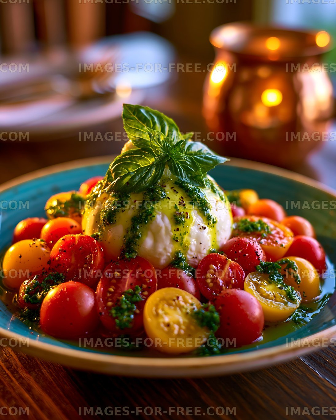 Fresh burrata cheese with cherry tomatoes and basil on a plate