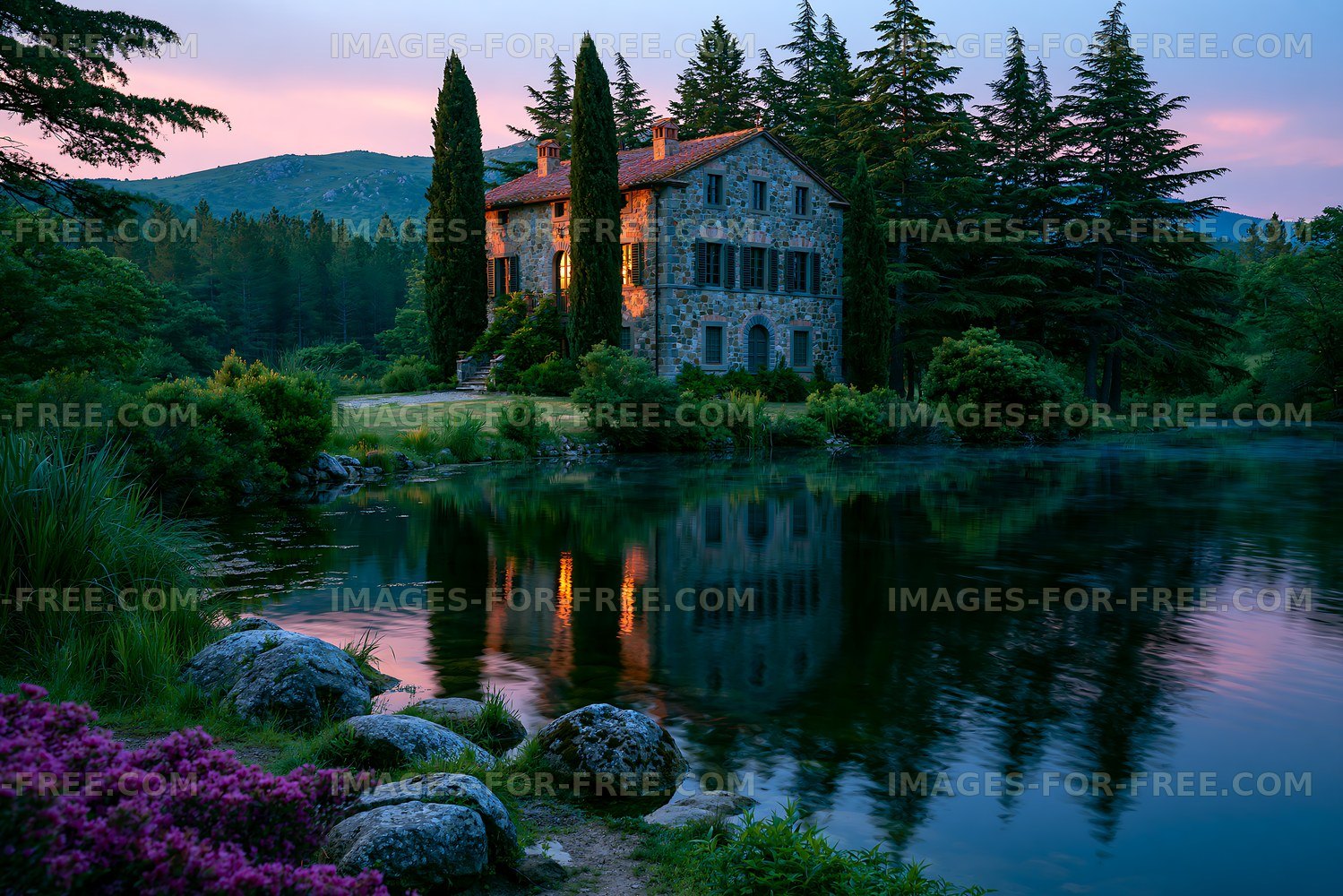 Stone house by the lake surrounded by trees at twilight