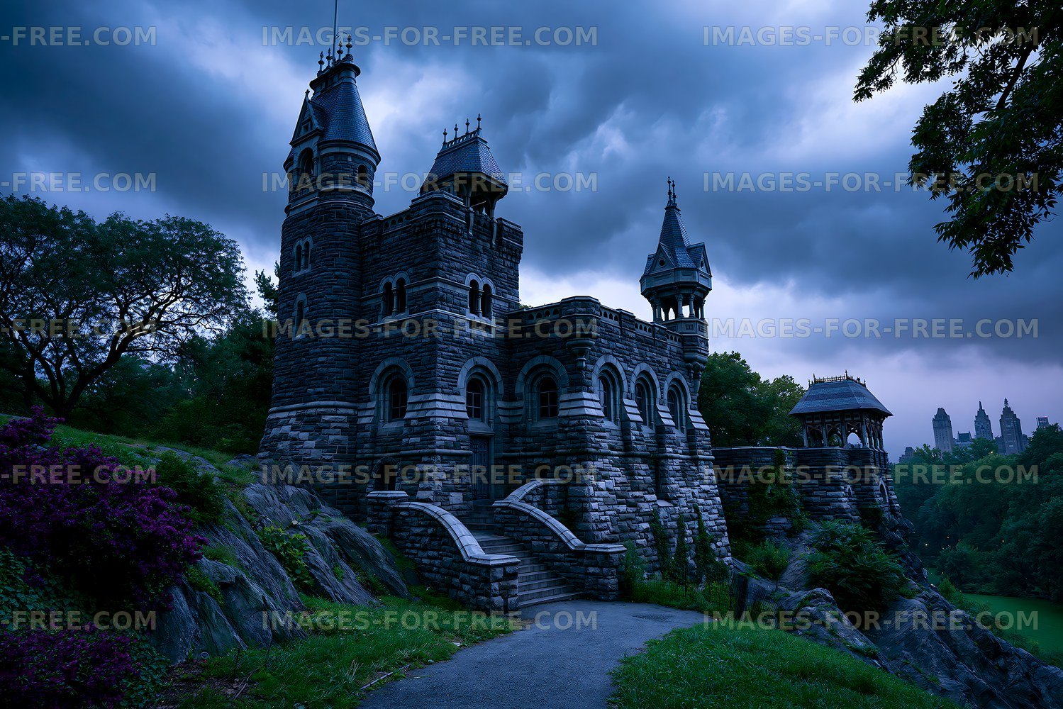 Castle structure under dark clouds in a park setting