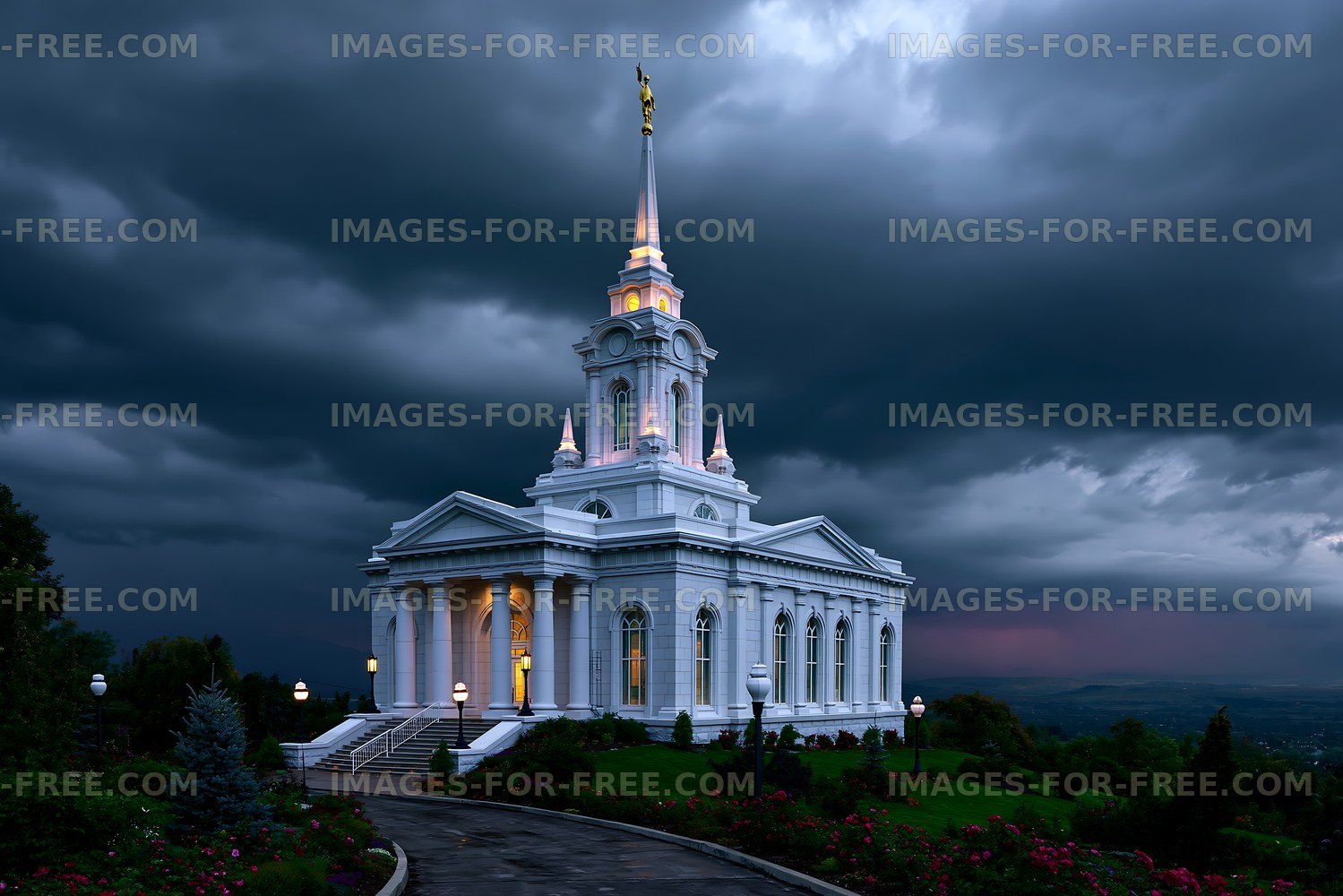 Church stands against a stormy sky at dusk